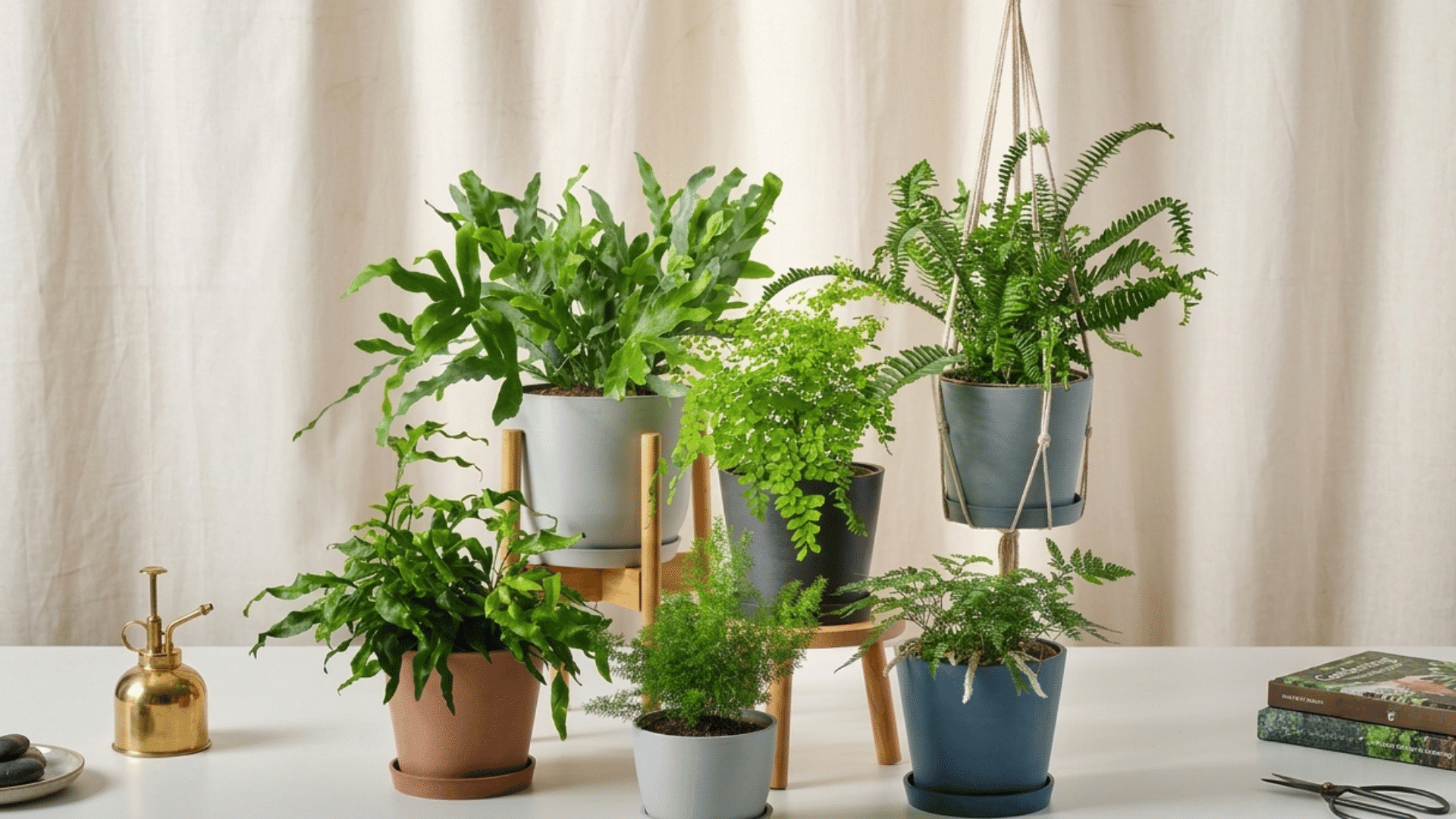 collection of green indoor plants in colorful pots on a white table with gardening books and tools nearby
