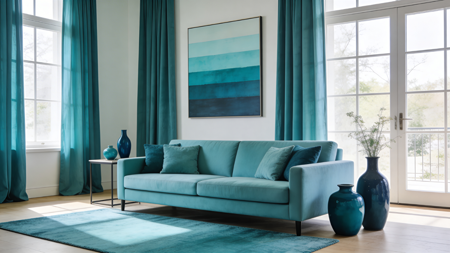 color repetition with teal sofa curtain and decor