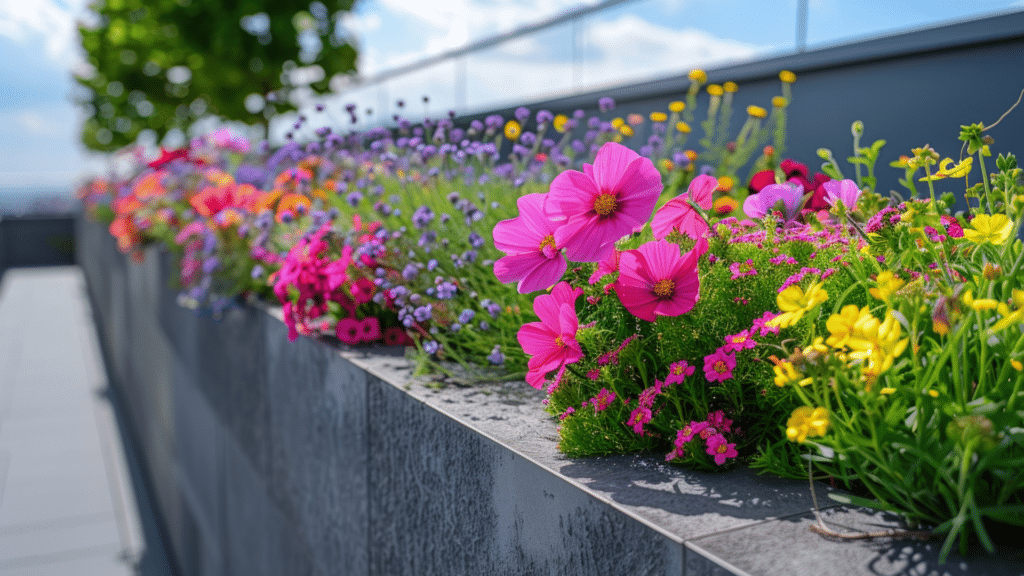 21 Best Flowering Shrubs for Every Garden colorful flowers blooming along rooftop garden planter edge