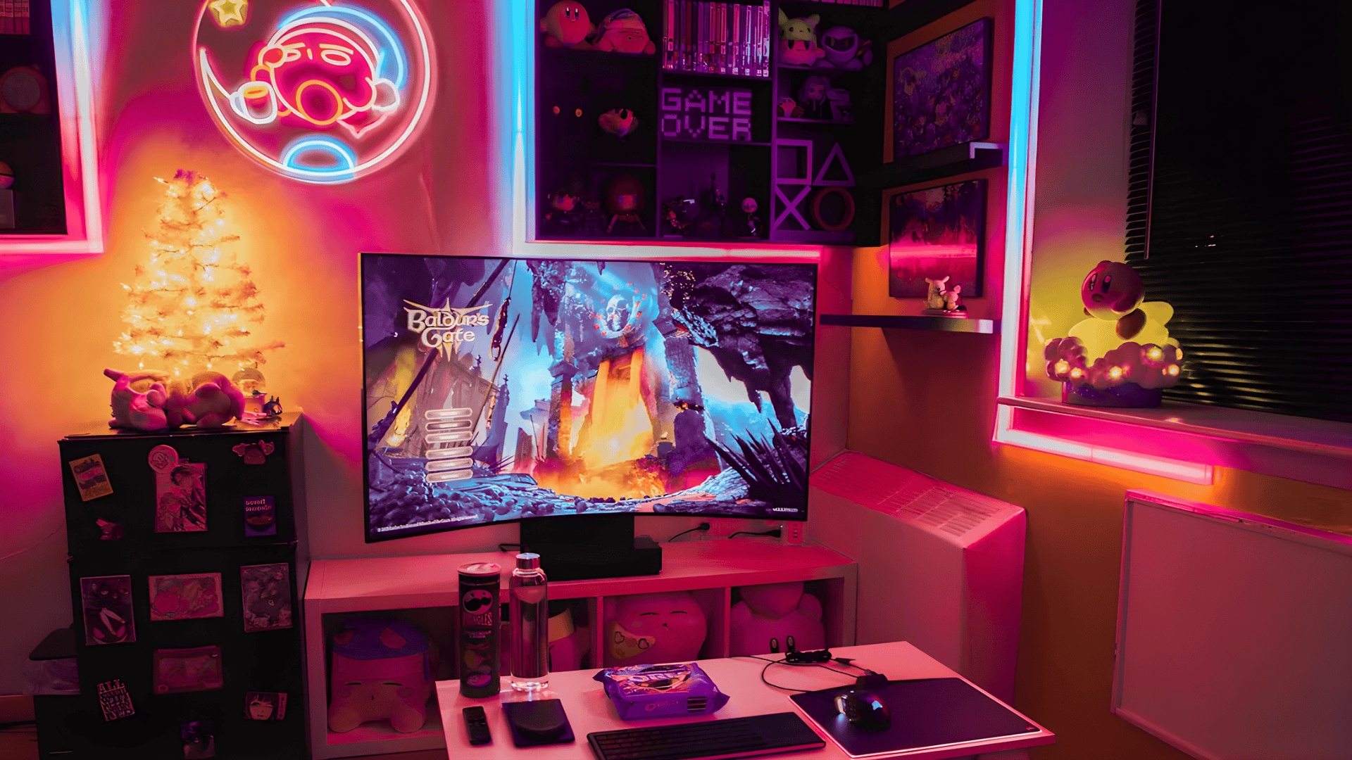 Colorful gaming setup with neon lights, curved monitor, shelves and collectibles creating vibrant mens room decor gaming space