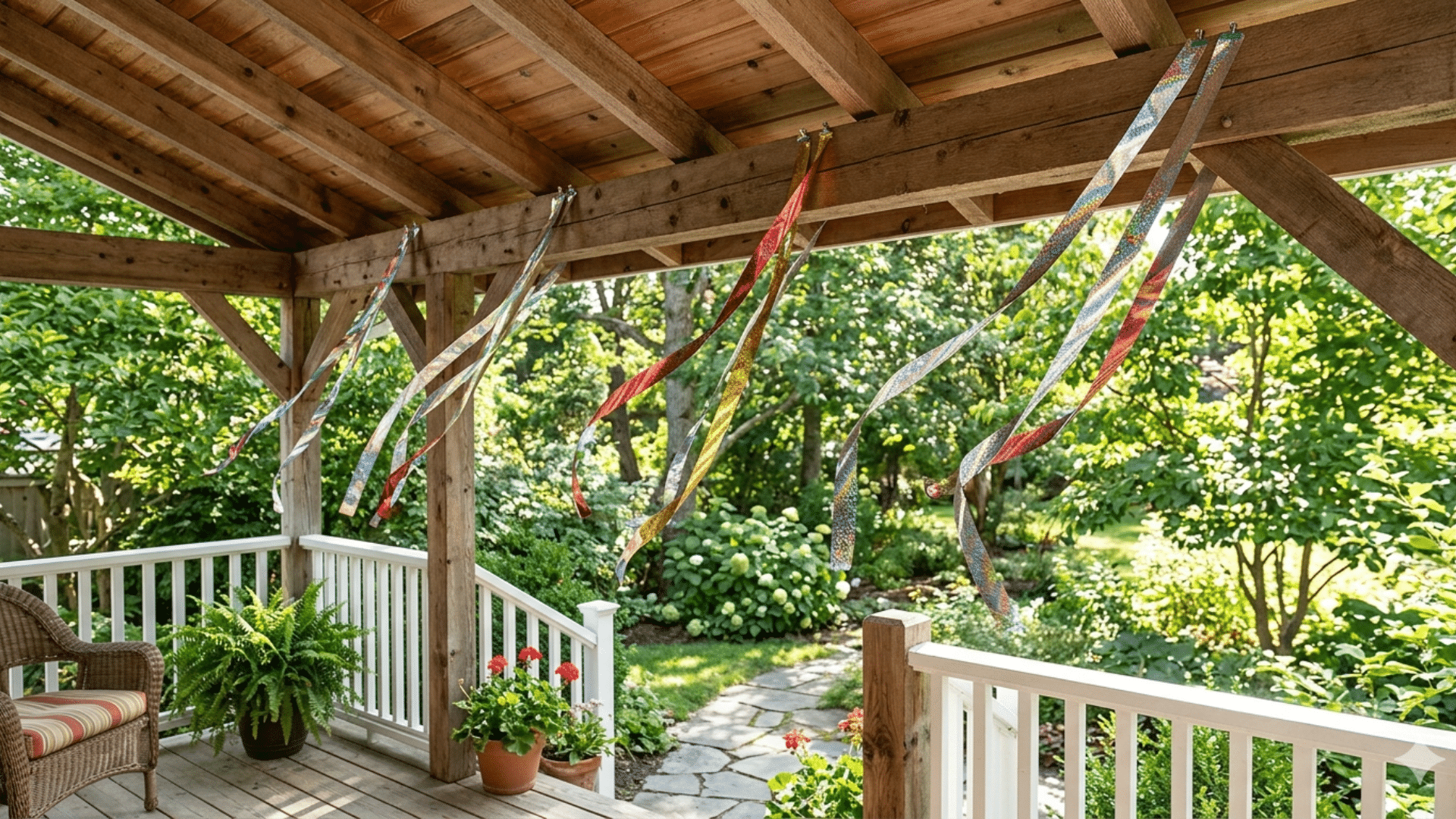 colorful hanging ribbons moving to scare birds away