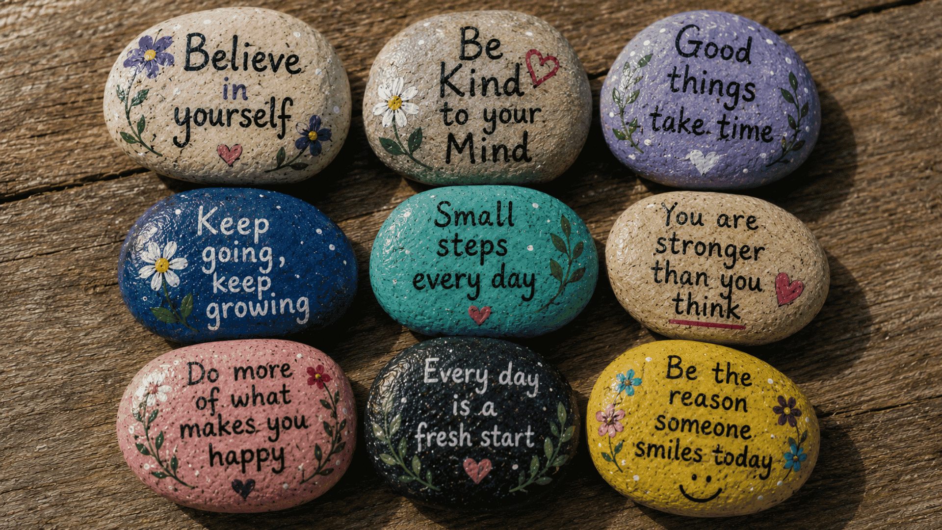 colorful painted stones with uplifting quotes and floral art arranged on rustic wooden background