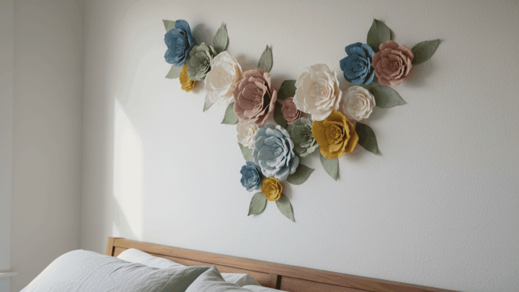 colorful paper flowers arranged on wall above bed in soft daylight