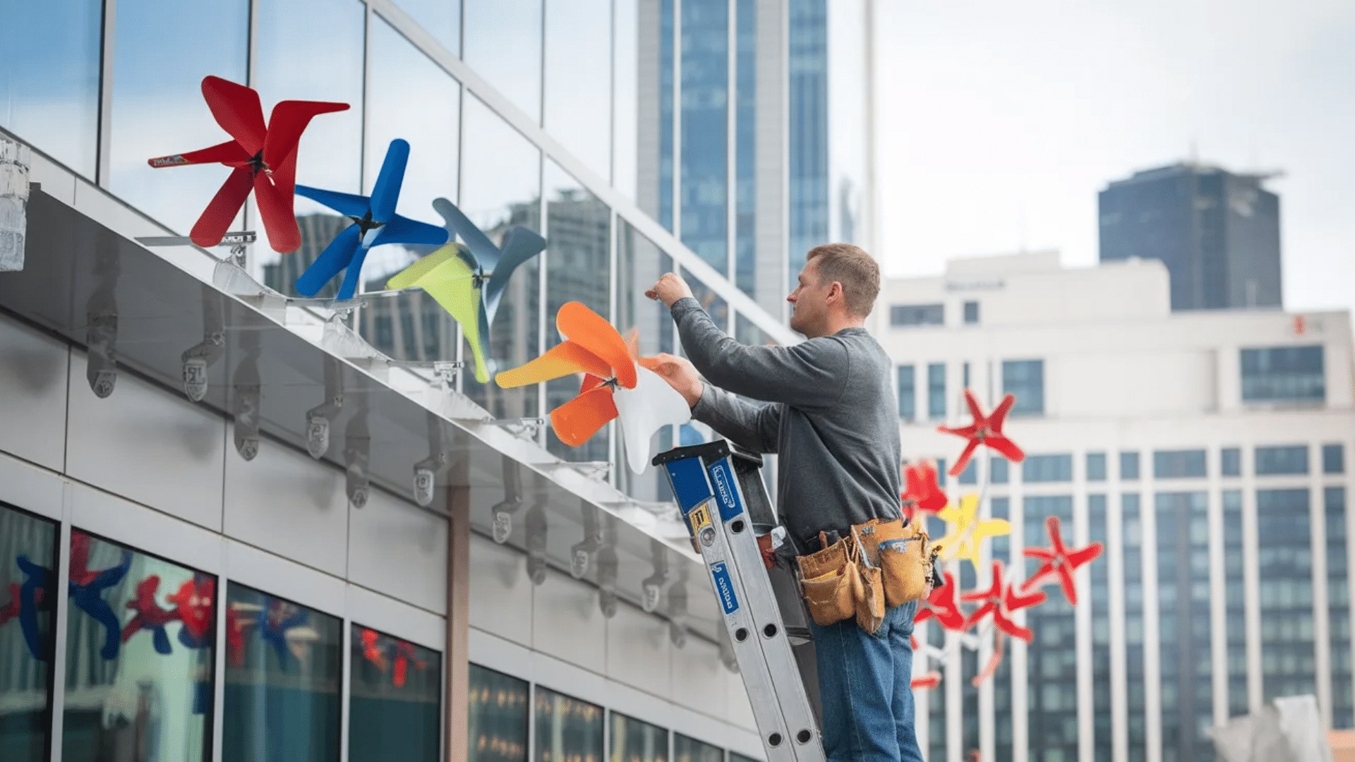 colorful spinning pinwheels installed to scare birds away