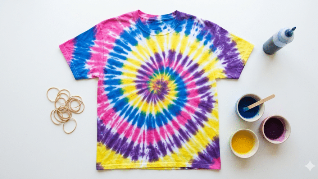 colorful spiral tie dye tshirt placed on a white surface beside dye cups rubber bands and a squeeze bottle