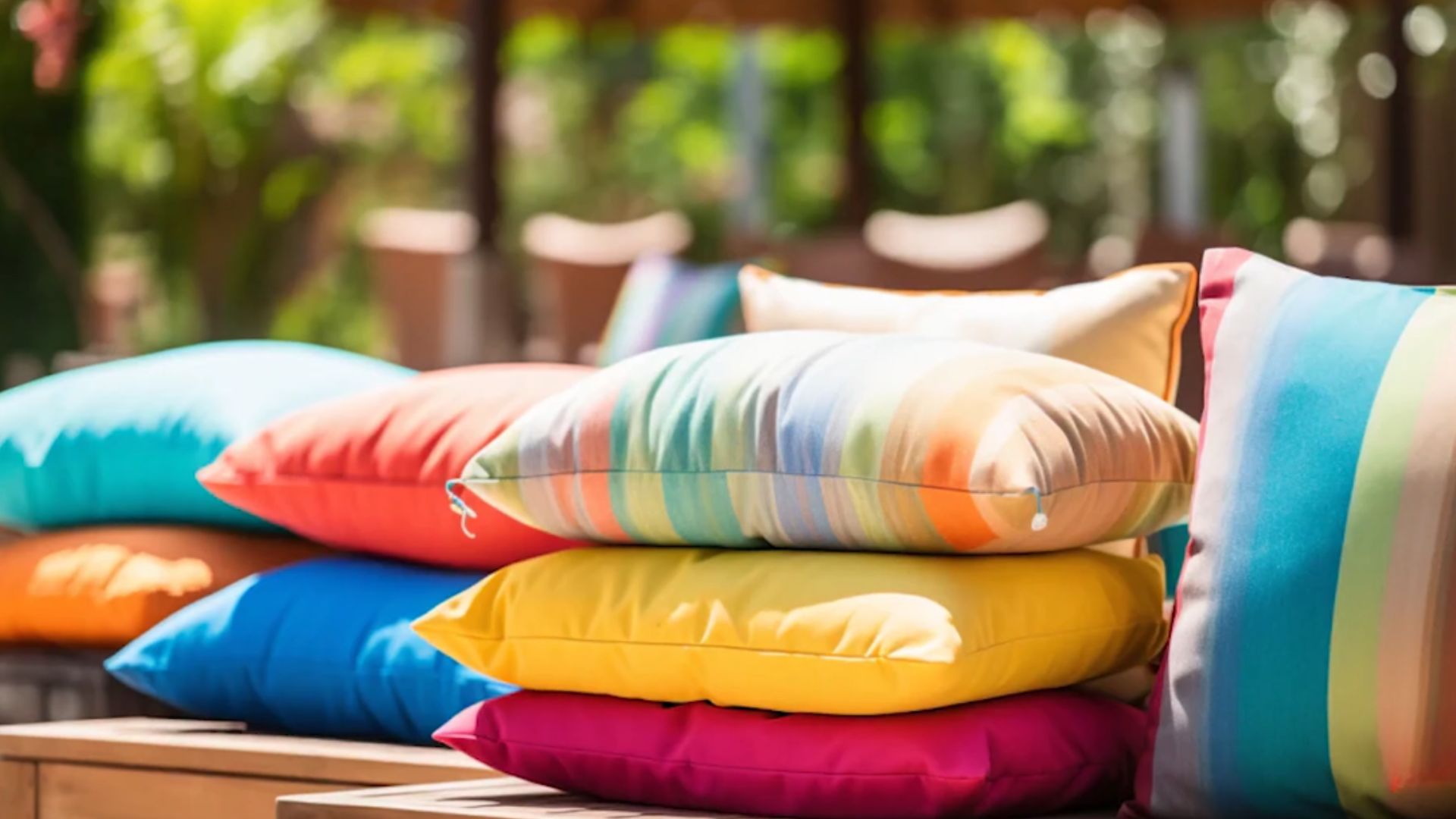 colorful striped and solid pillows stacked on a wooden bench outdoors with soft sunlight and green garden in background