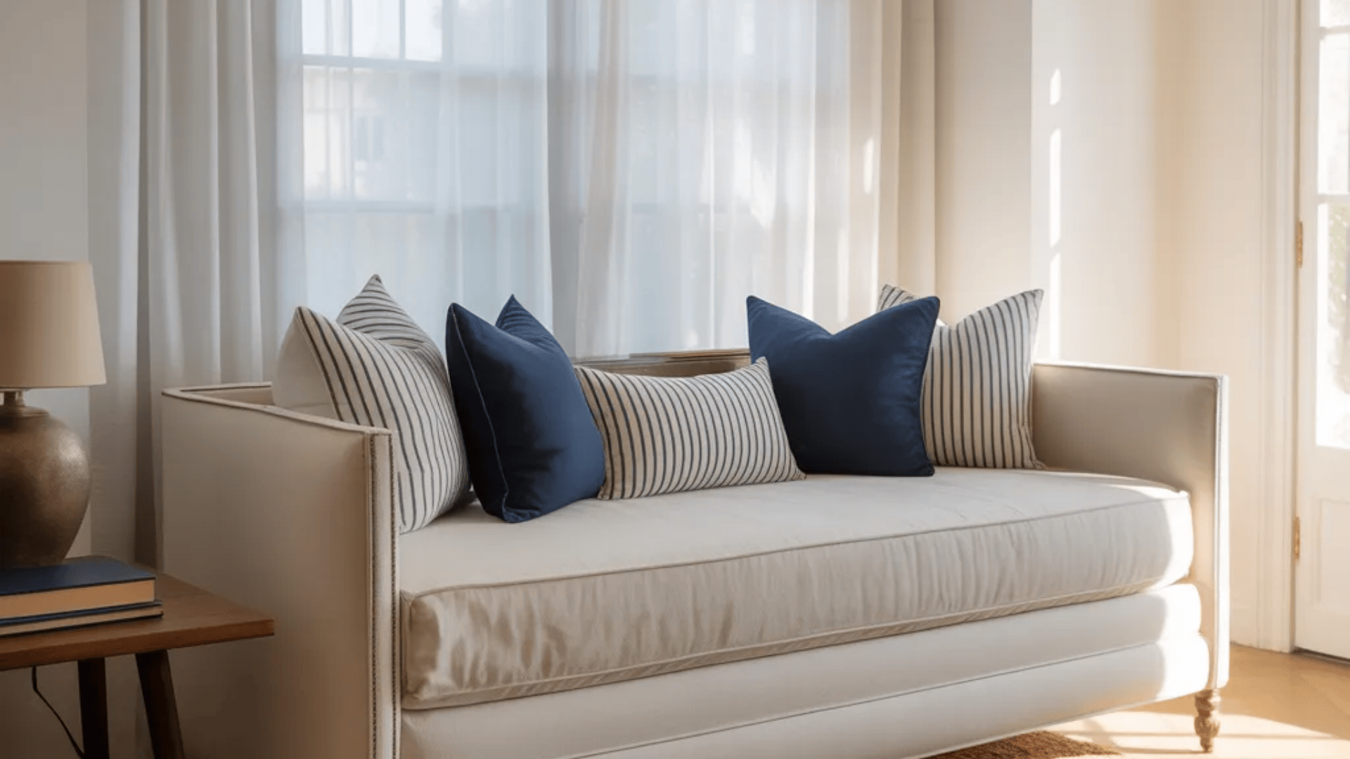 comfortable daybed with blue and striped pillows near large window with soft curtains showing bright cozy spare bedroom ideas for relaxing guest space