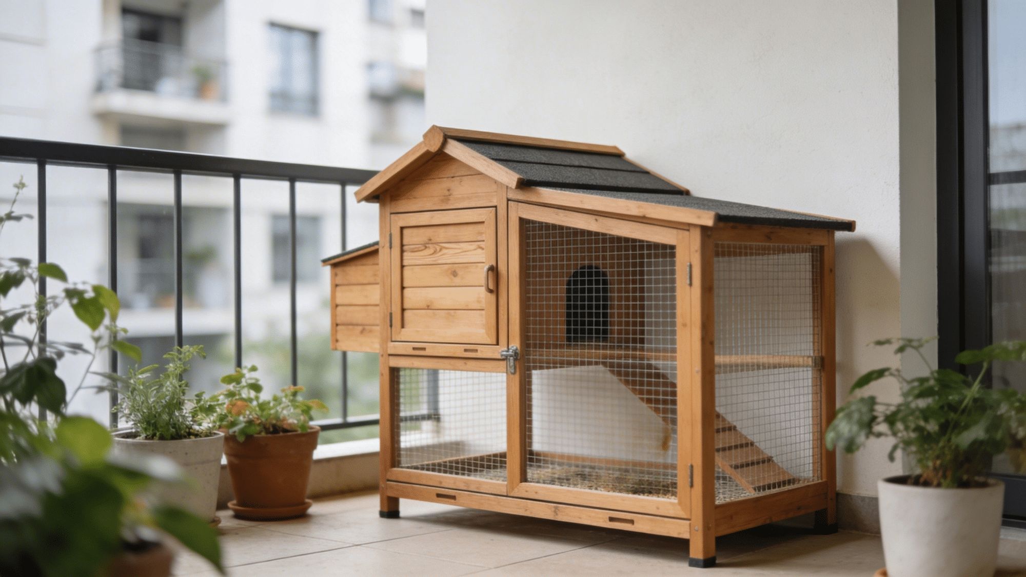 compact urban balcony chicken run with wooden coop wire mesh enclosure potted plants modern apartment setting