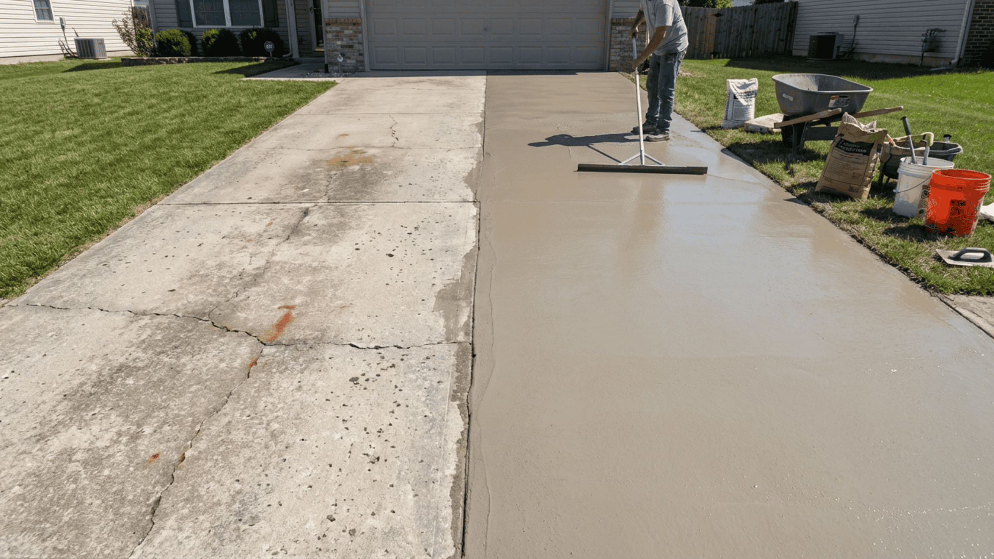 concrete driveway resurfacing cost example showing worker applying new surface layer on driveway