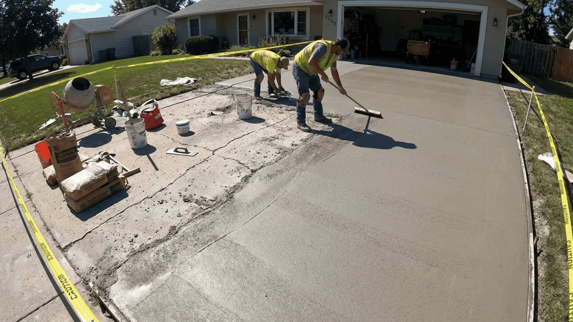 concrete driveway resurfacing process showing workers applying new layer to extend driveway life