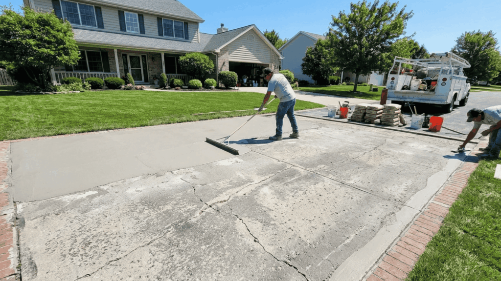 concrete driveway resurfacing workers spreading new concrete layer to repair cracked driveway in front of house