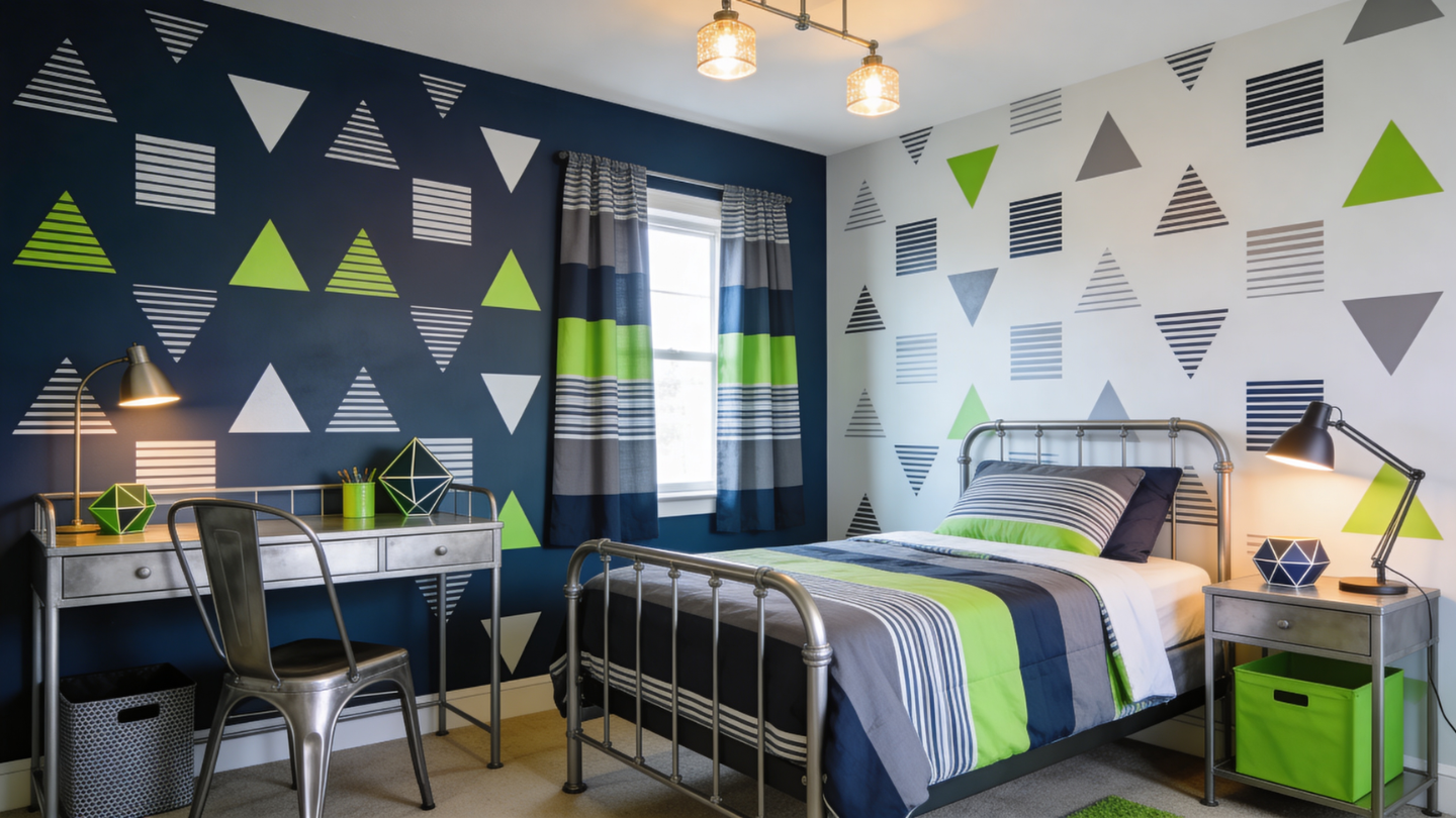 cool bedroom with repeated triangles pattern and bold colors