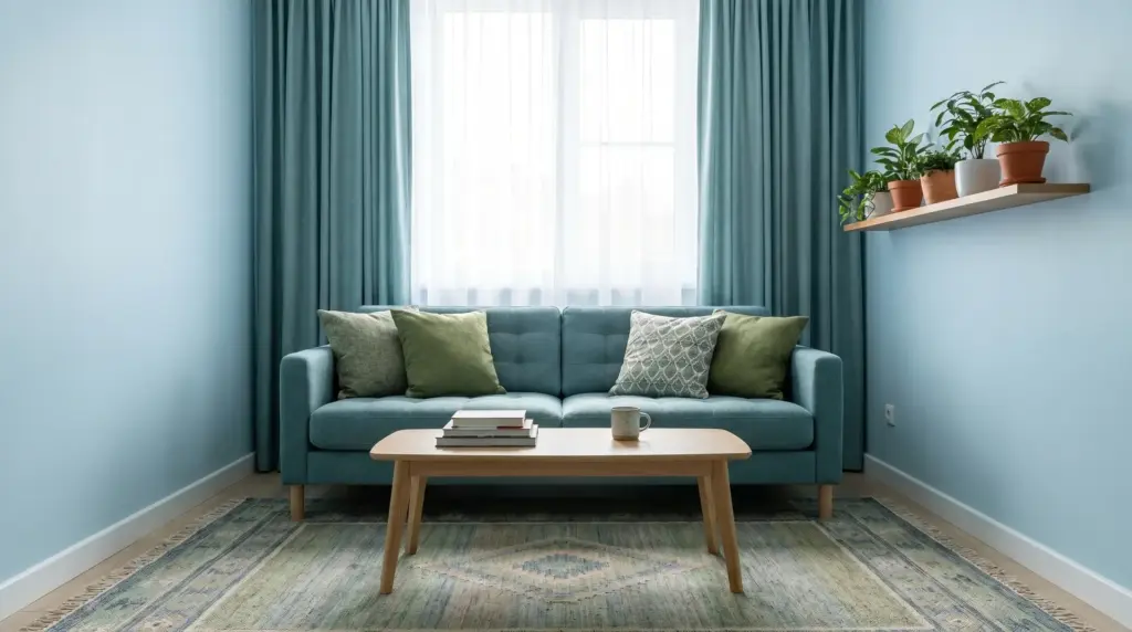 Living room with light blue walls, blue-green sofa, green cushions, rug, curtains, and plants in a cool analogous palette