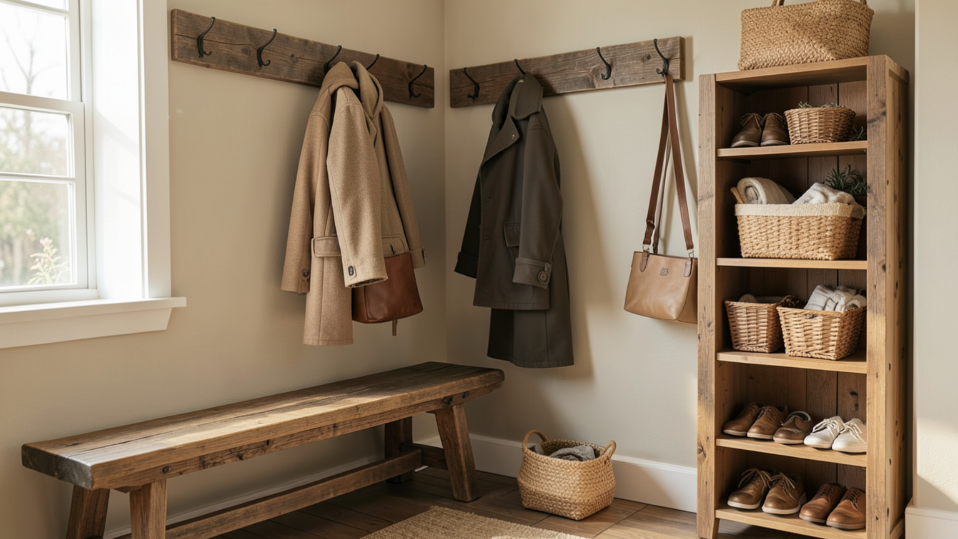 corner mudroom bench with hooks baskets and storage