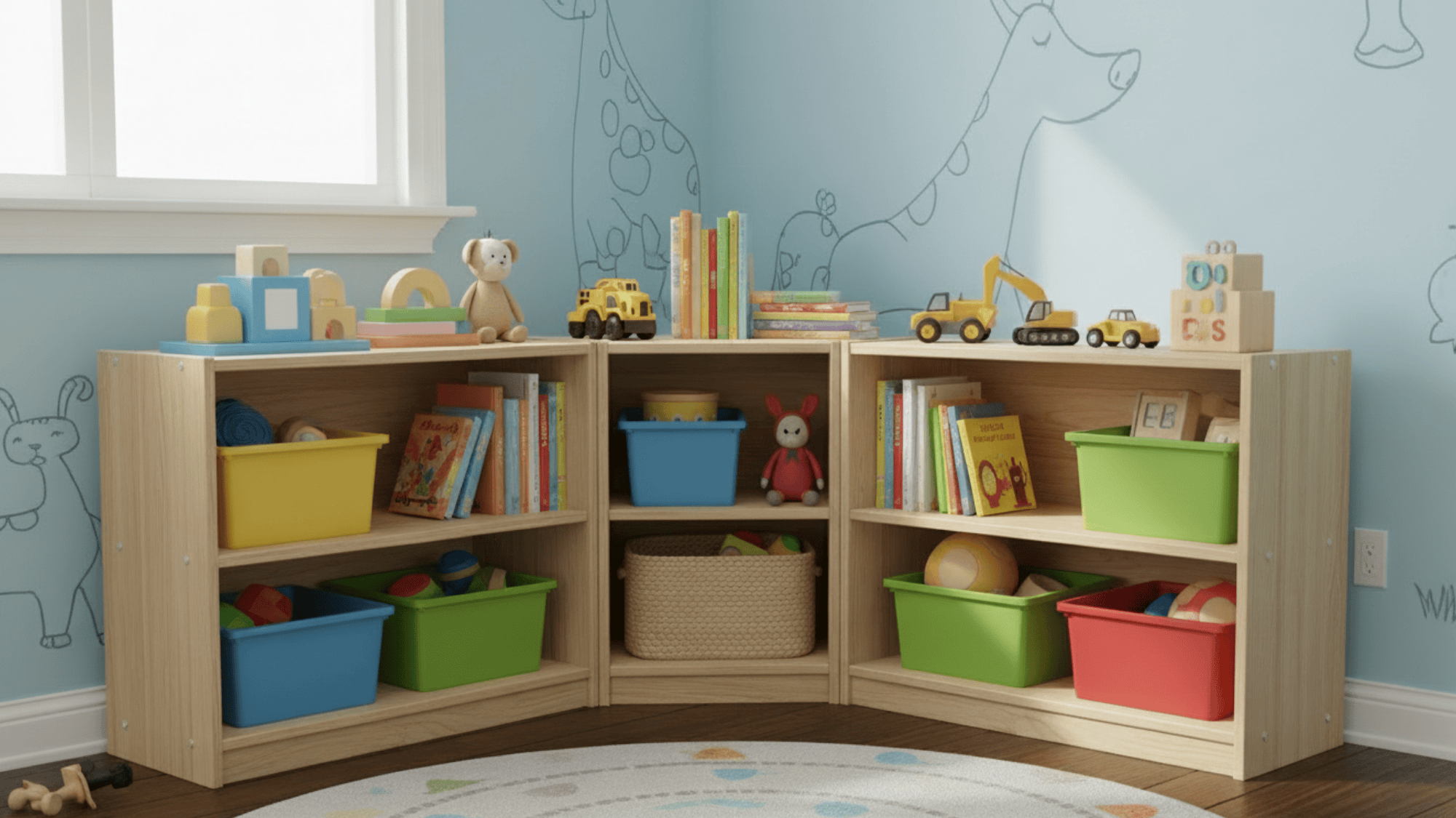 corner shelves with bins and books for kids toys in neat and space saving playroom storage setup