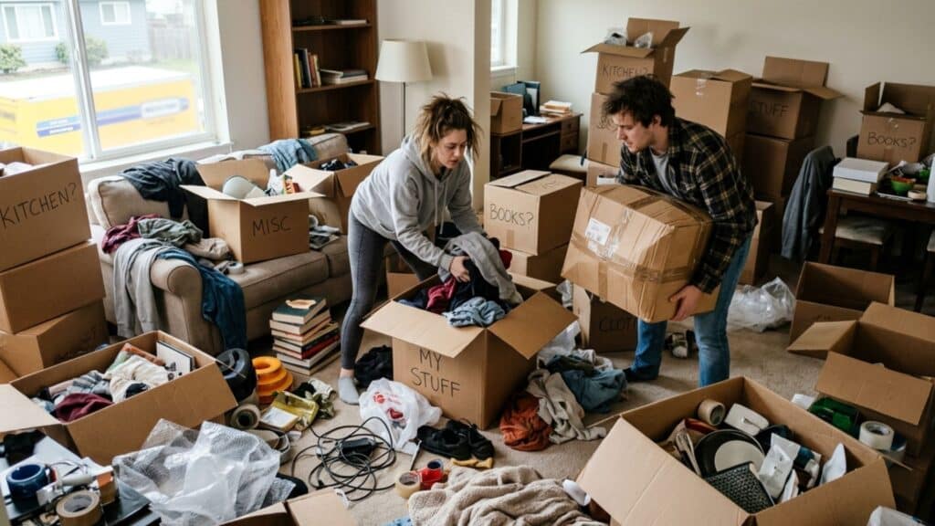 couple packing cluttered room placing clothes and items into boxes surrounded by scattered belongings and supplies