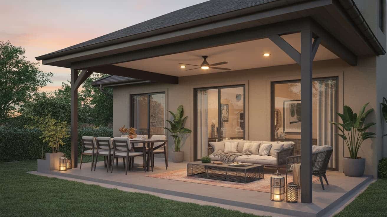 covered backyard patio with dining table sofa seating and lantern lighting showing outdoor patio ideas and patio decor ideas