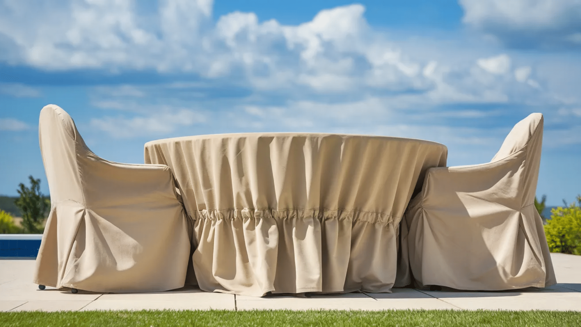 covered outdoor table and chairs with fabric covers