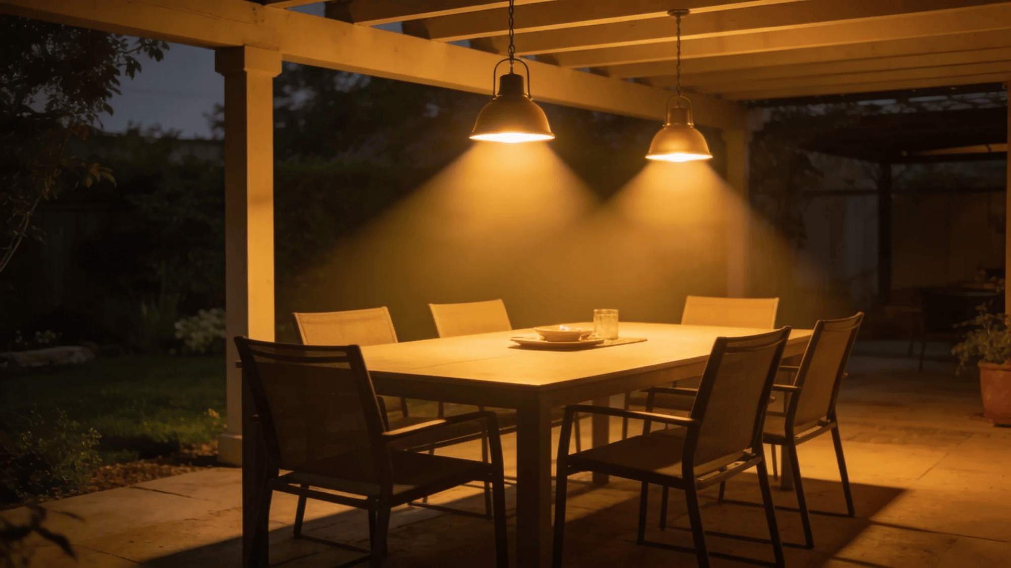 covered patio dining table under two hanging lamps creating warm evening ambiance