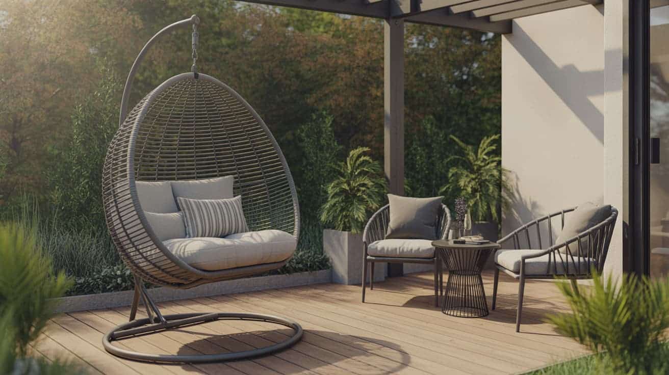 cozy backyard deck with hanging egg chair cushioned seating and small table surrounded by greenery inspiring relaxing outdoor patio ideas