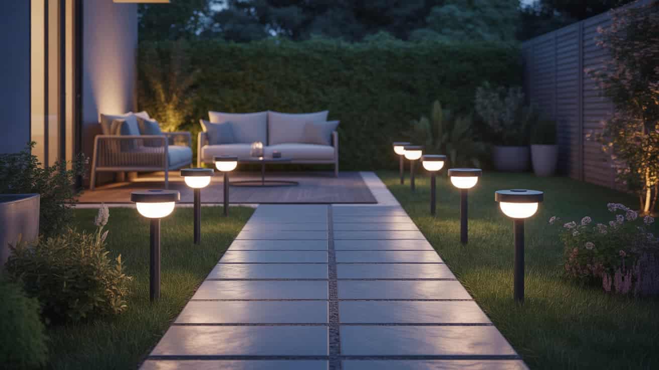 cozy backyard patio with modern sofa and pathway lights along garden walkway inspiring outdoor patio ideas and patio decor ideas