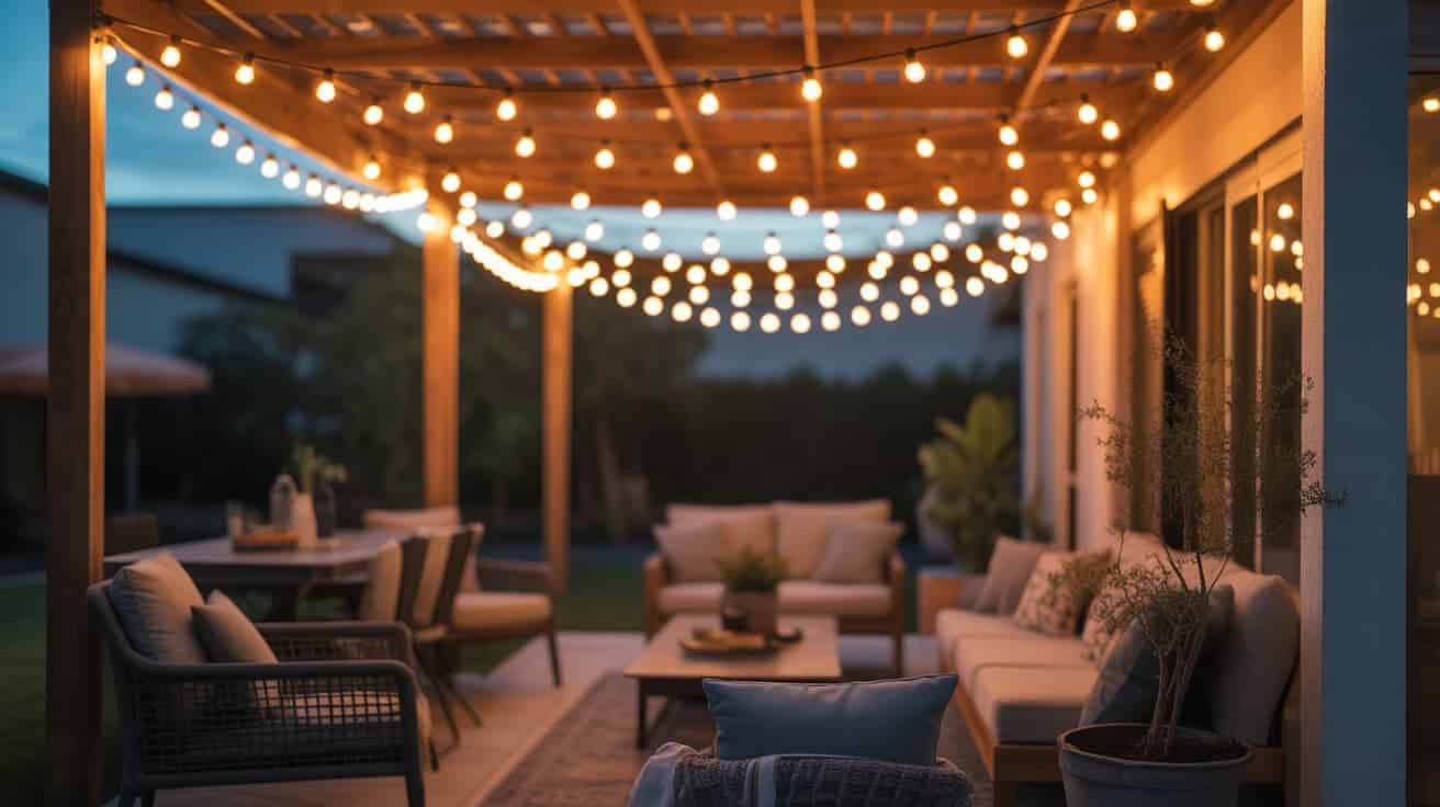 cozy backyard seating area under wooden pergola with warm string lights and sofa set outdoor patio ideas and patio decor ideas