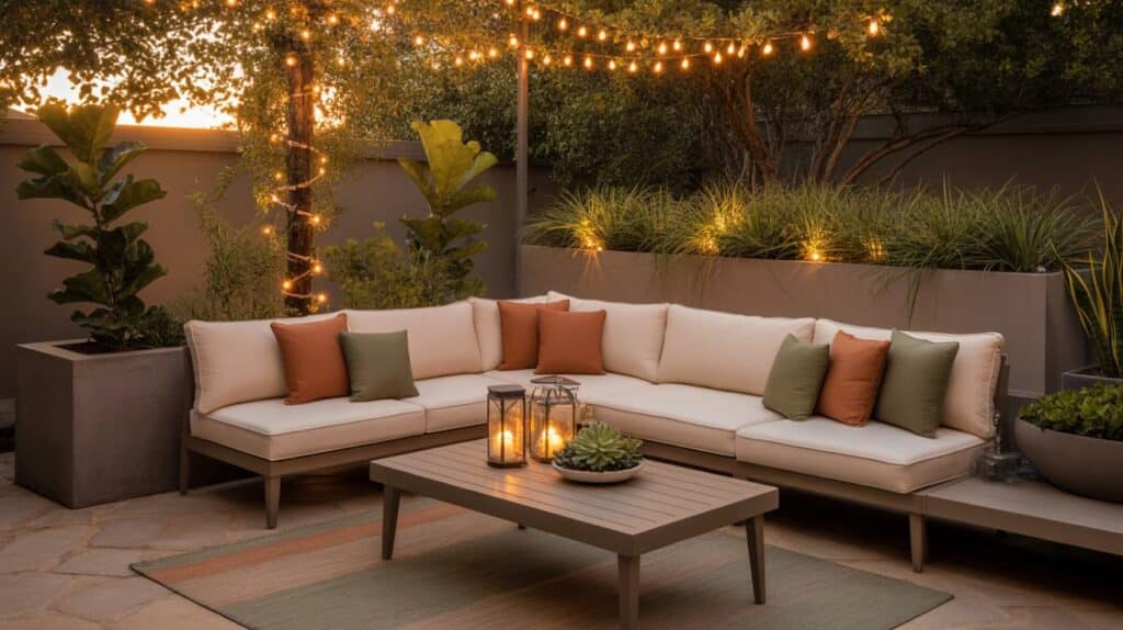 35 Outdoor Patio Ideas to Upgrade Your Backyard cozy backyard seating with sectional sofa coffee table lantern candles and string lights outdoor patio ideas patio decor ideas
