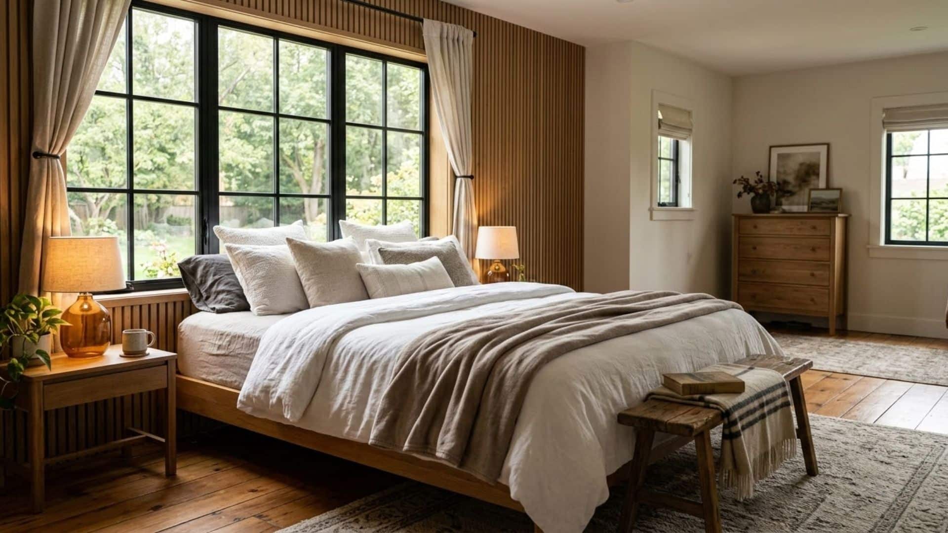 cozy bed in front of window with layered neutral bedding and natural light in a warm bedroom (1)