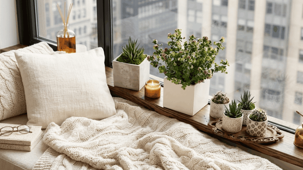 cozy bedroom corner with small indoor plants by a window soft blankets candles and natural daylight