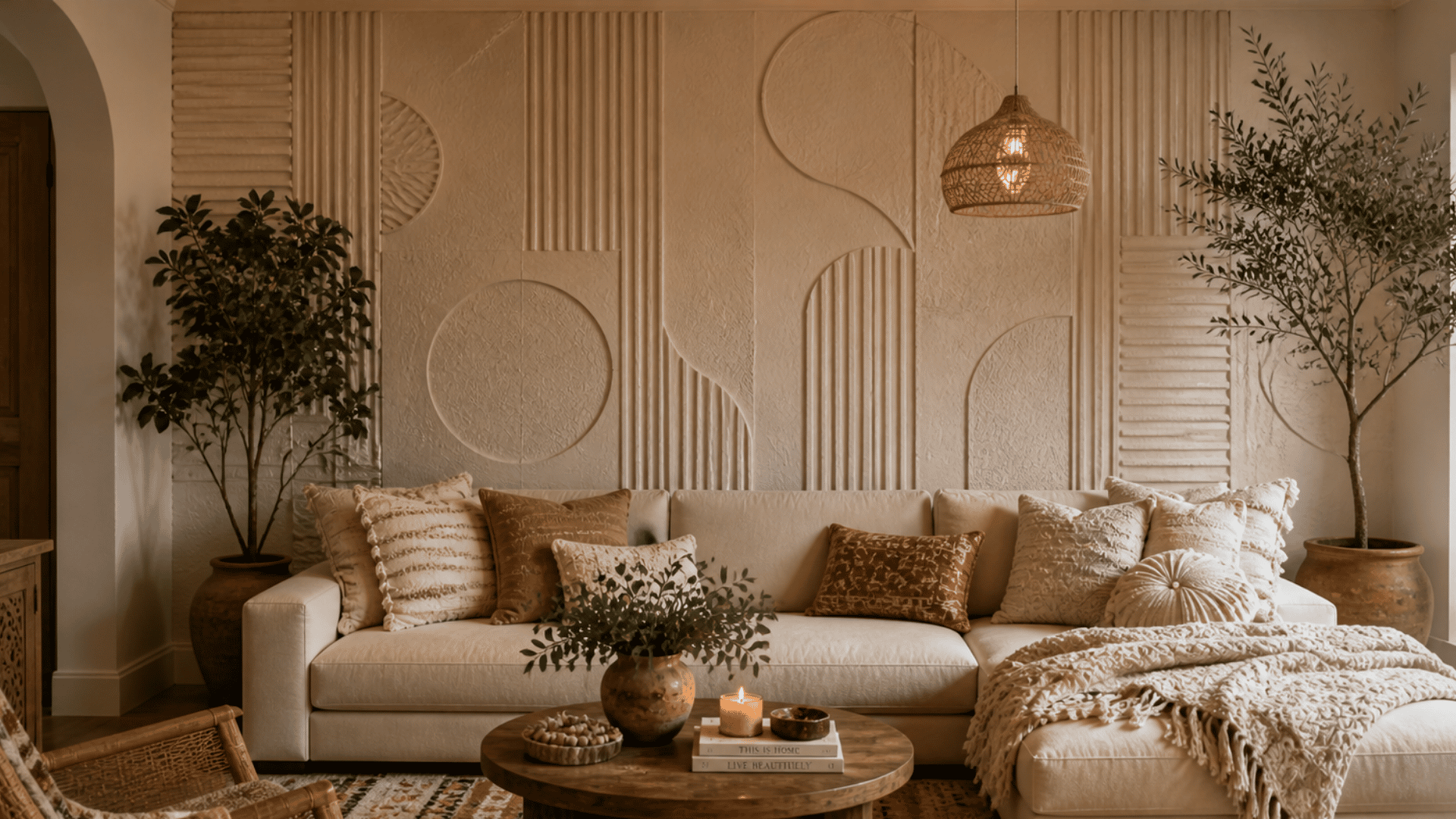 cozy boho living room with textured wall panels soft sofa greenery woven decor and warm natural tones