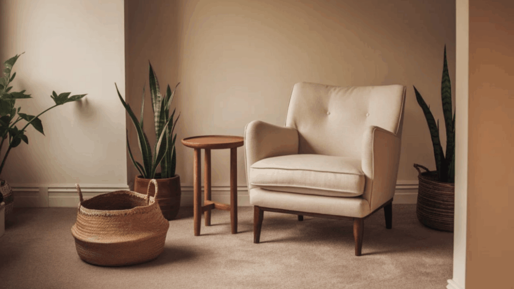 cozy corner with armchair small table plants basket warm lighting calm relaxing space