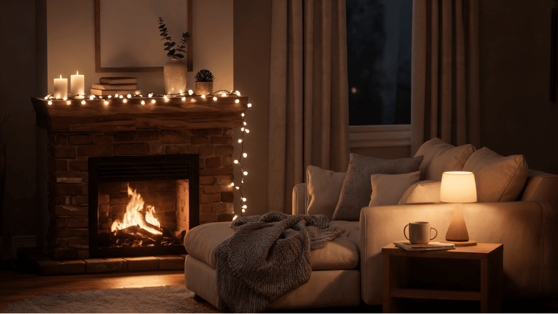 cozy evening living room with glowing fireplace soft sofa warm lighting and string lights