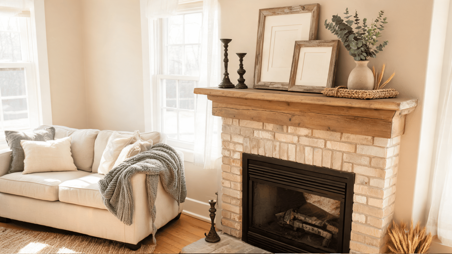 cozy farmhouse living room with brick fireplace rustic mantel soft sofa and warm natural light