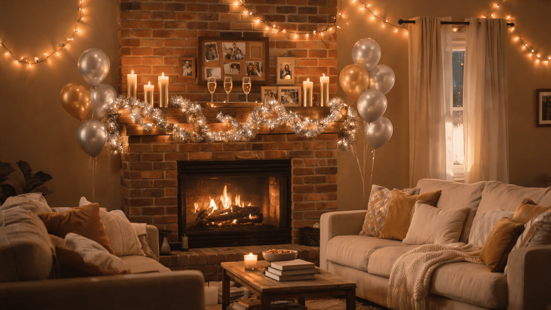 cozy festive living room with brick fireplace string lights balloons and warm candlelight