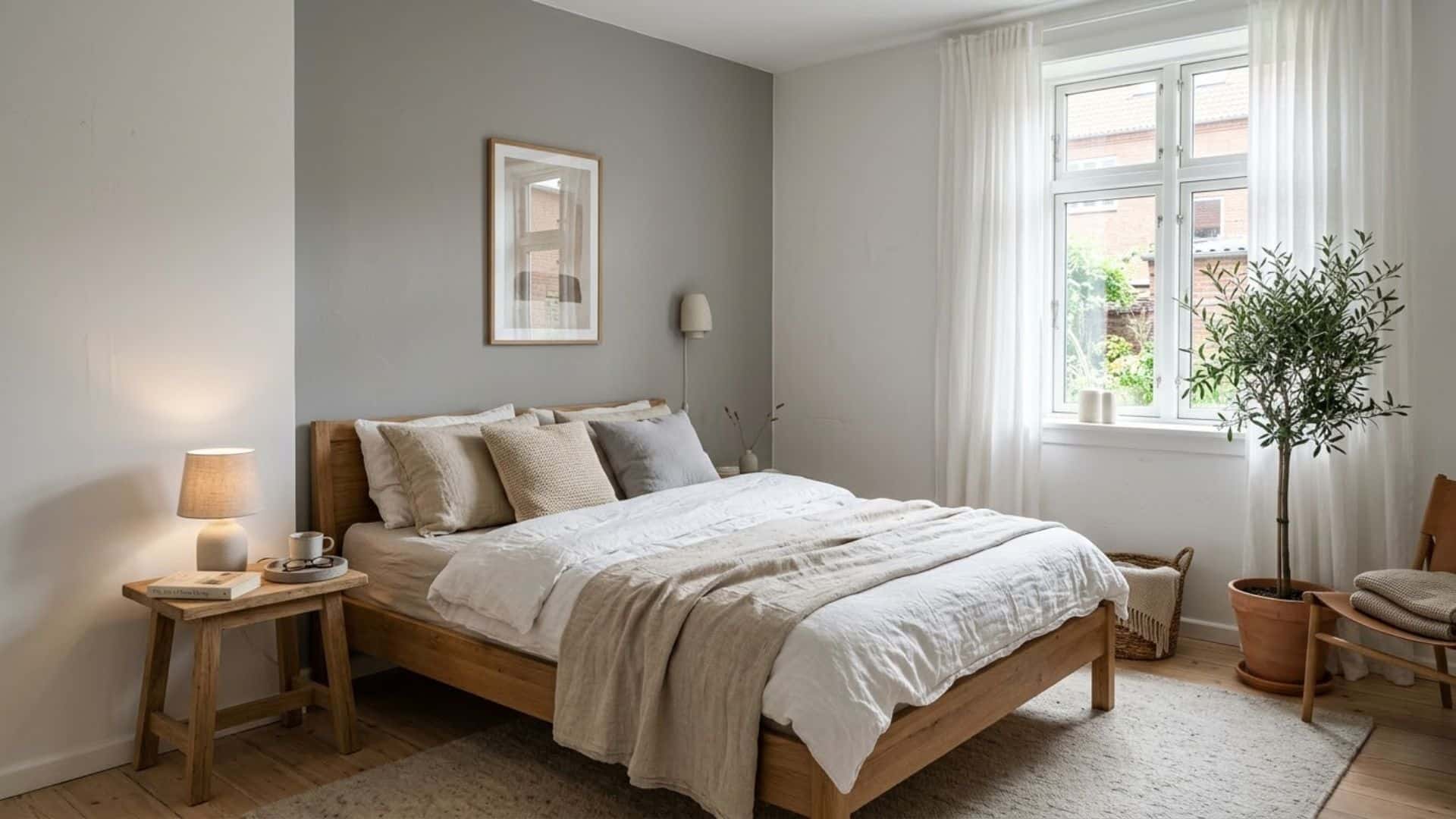 cozy gray and white bedroom with upholstered bed neutral pillows warm sunlight and minimal decor interior