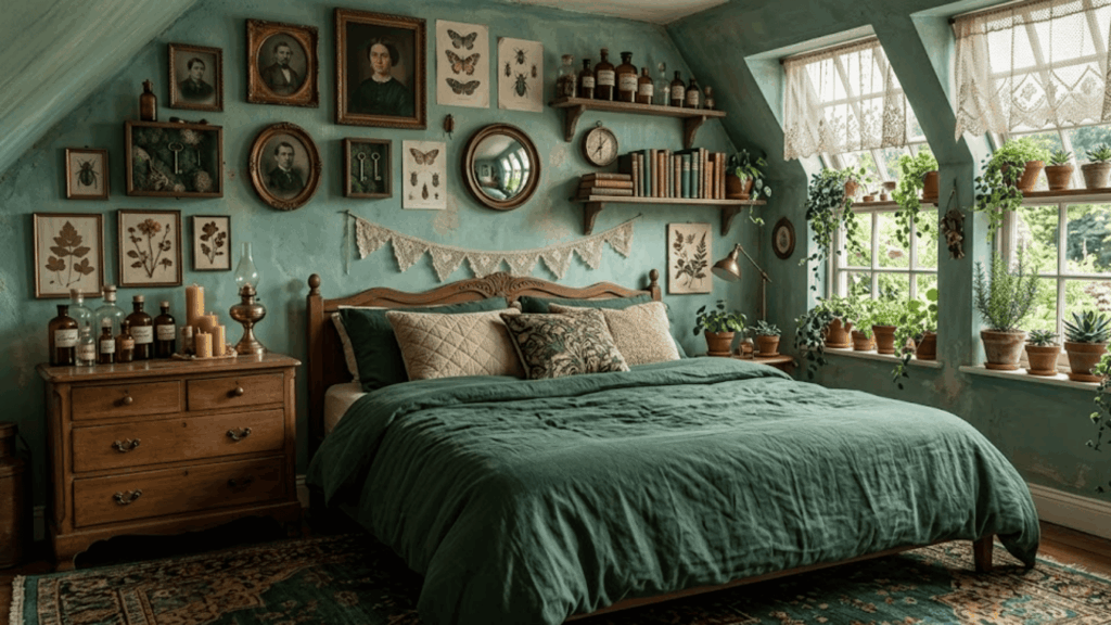 Cottagecore Decor: Complete Home Styling Guide cozy green bedroom with vintage wall art plants and wooden furniture warm cottage style decor