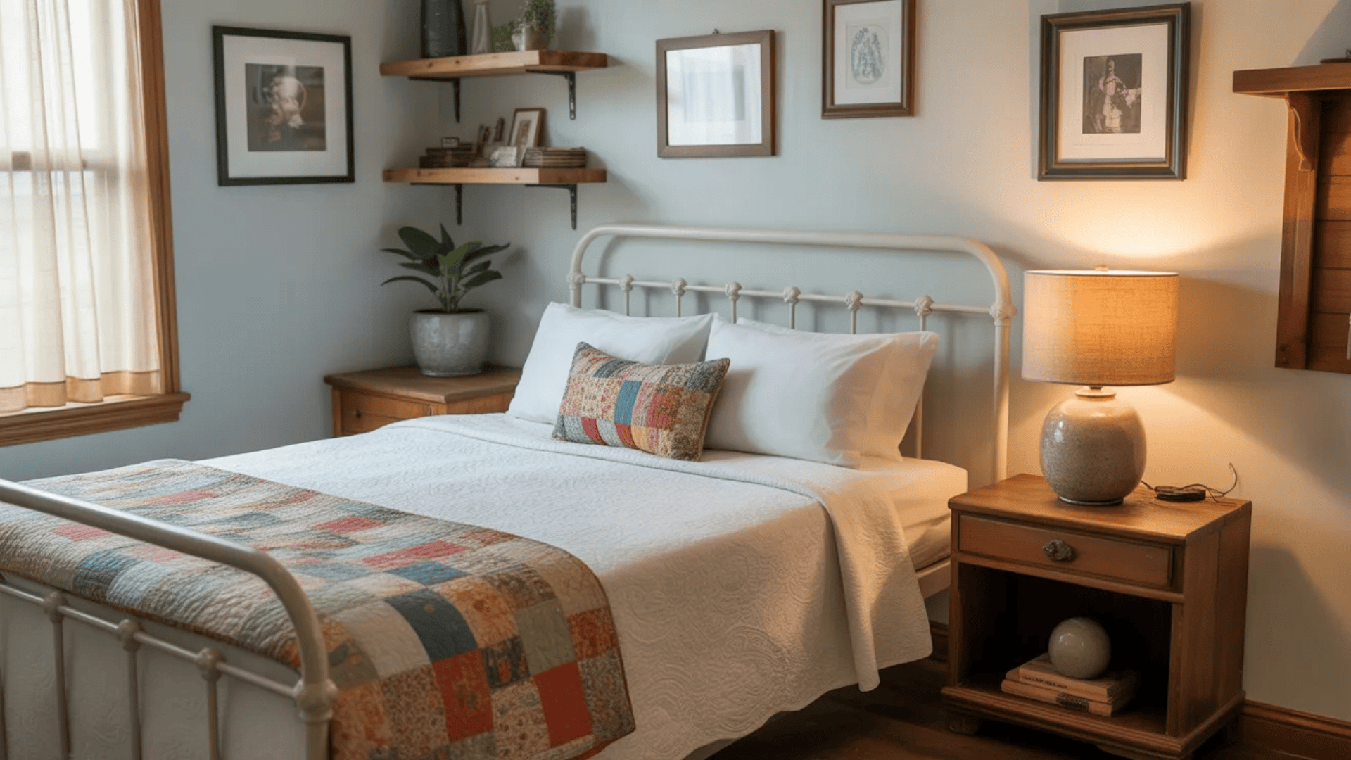 cozy guest bedroom with metal bed colorful quilt wooden nightstand lamp and wall shelves showing simple practical spare bedroom ideas for guests