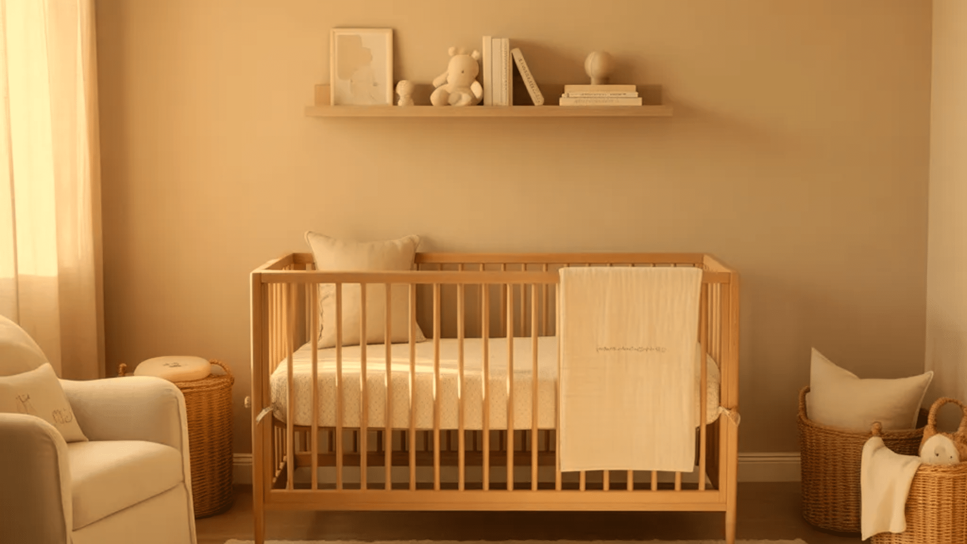 cozy latte beige nursery ideas with wooden crib soft rug woven baskets