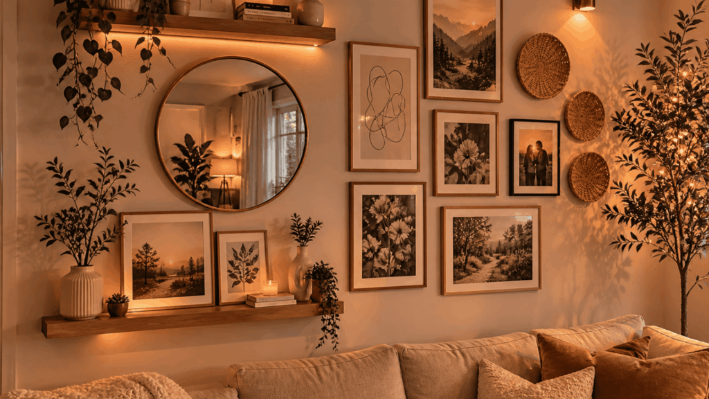 15 Wall Decor Ideas for a Cozy Living Room cozy living room wall with gallery frames mirror shelves plants warm lighting above neutral sofa