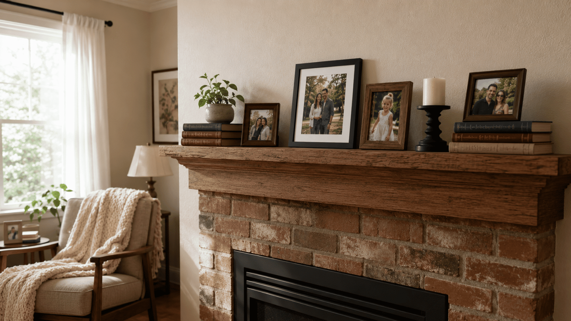 cozy living room with brick fireplace wooden mantel family photos books candles and warm natural sunlight