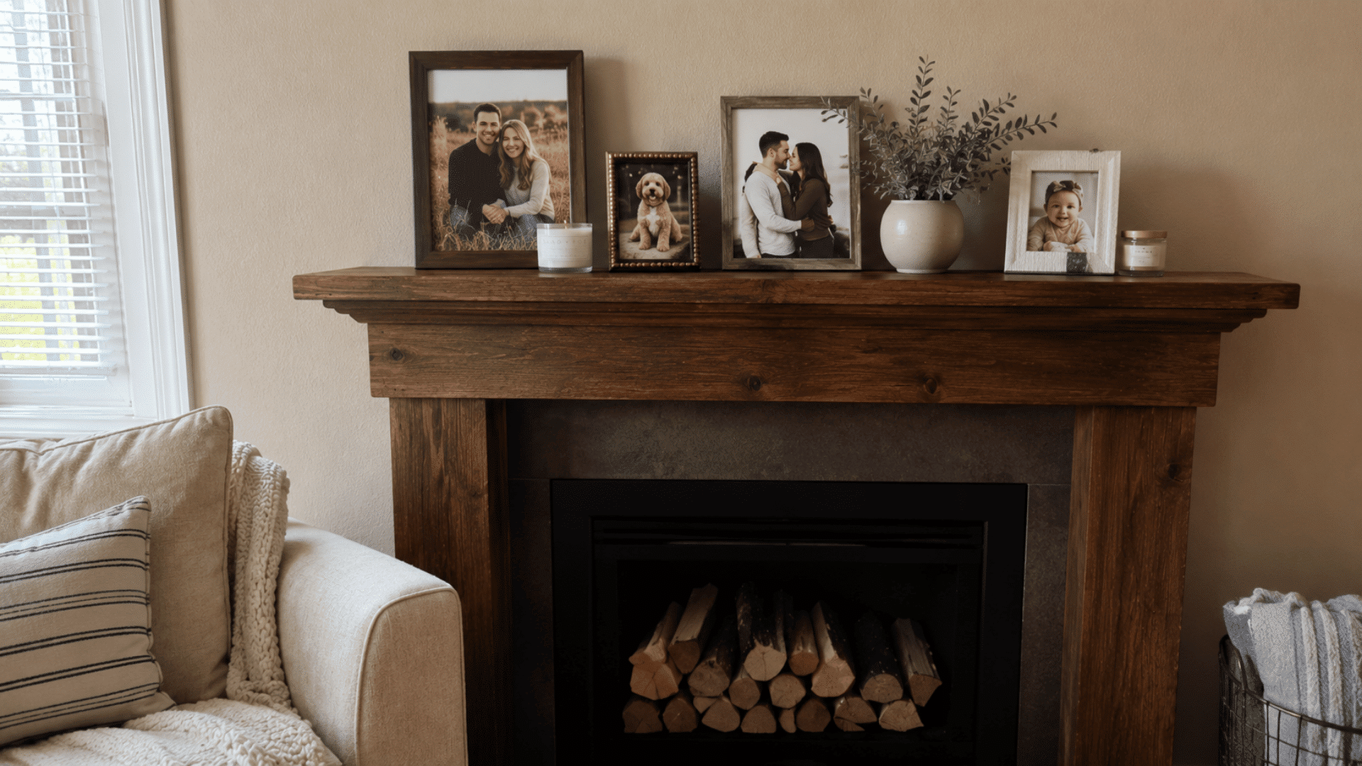 cozy living room with rustic wood fireplace mantel family photos candles and soft natural sunlight