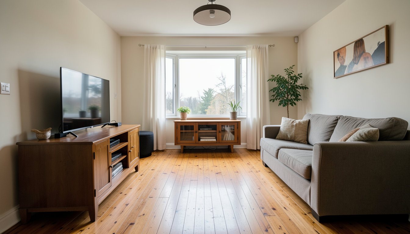cozy living room with sofa tv stand and wooden floor by bright window can you put vinyl flooring over tile