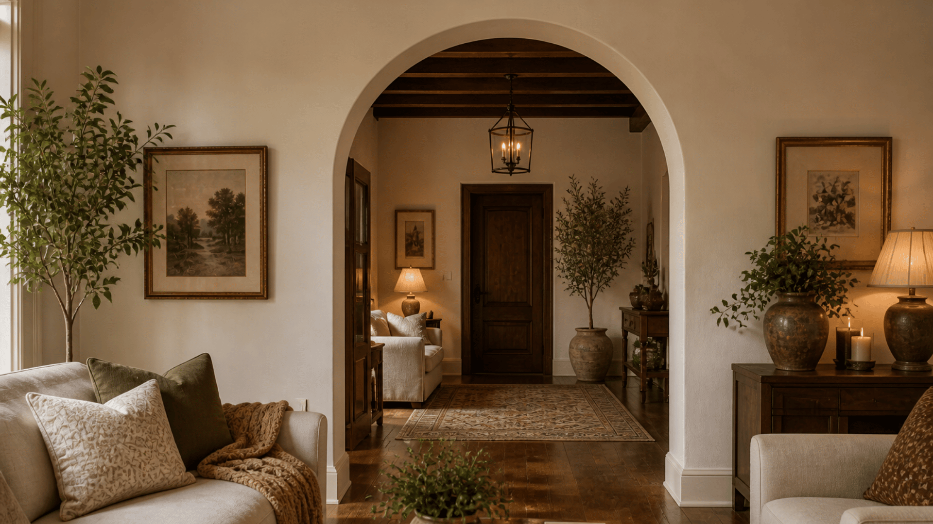 cozy living room with soft sofa warm lighting plants and elegant arch doorway leading to hallway with wood accents