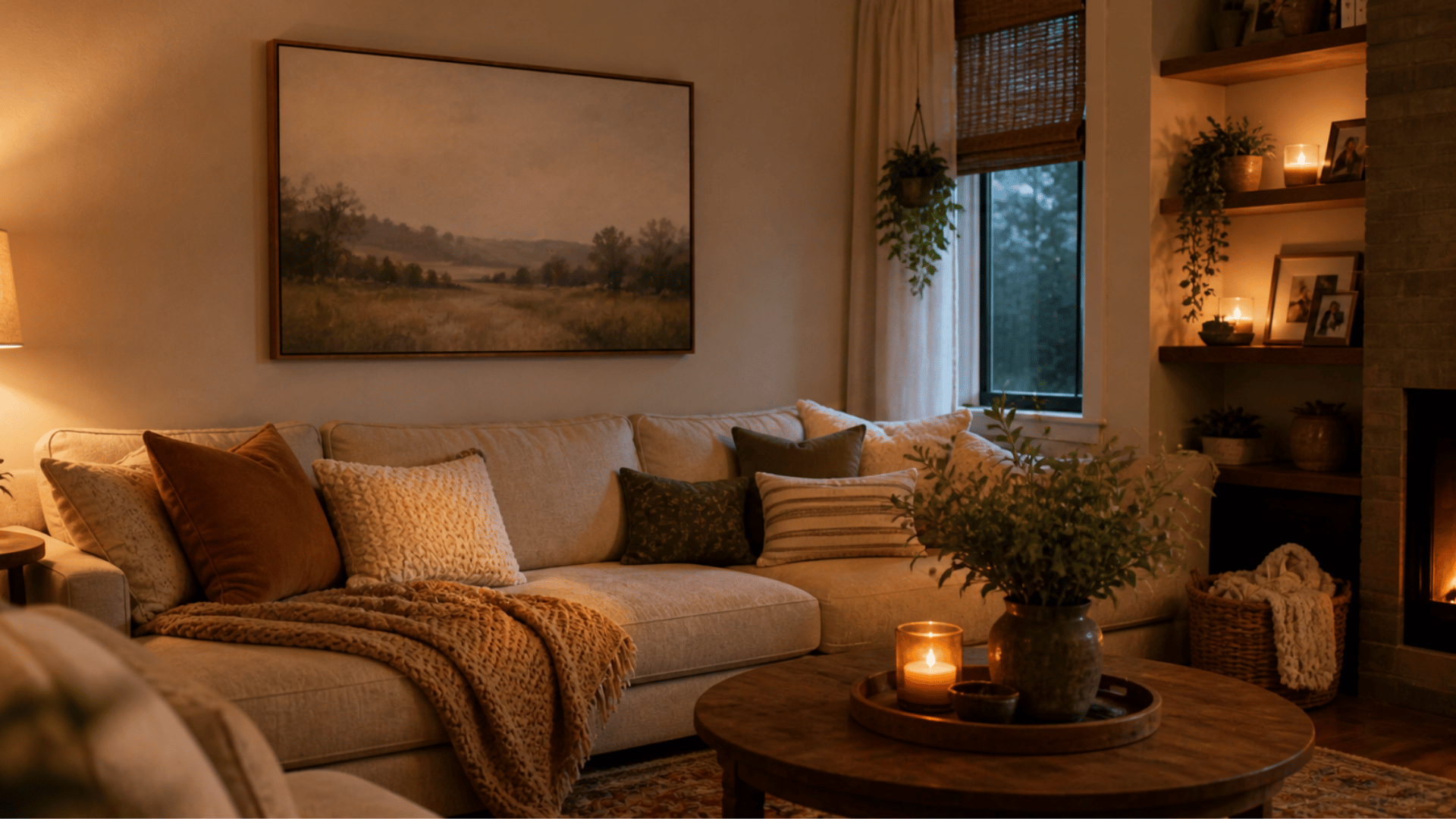 cozy living room with soft sofa warm lighting candles and framed wall art above couch creating calm space