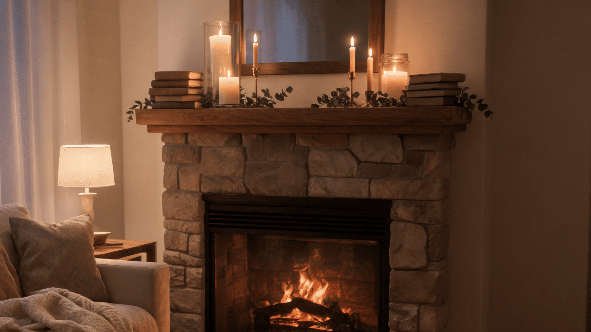 cozy living room with stone fireplace glowing candles soft sofa and warm evening lighting