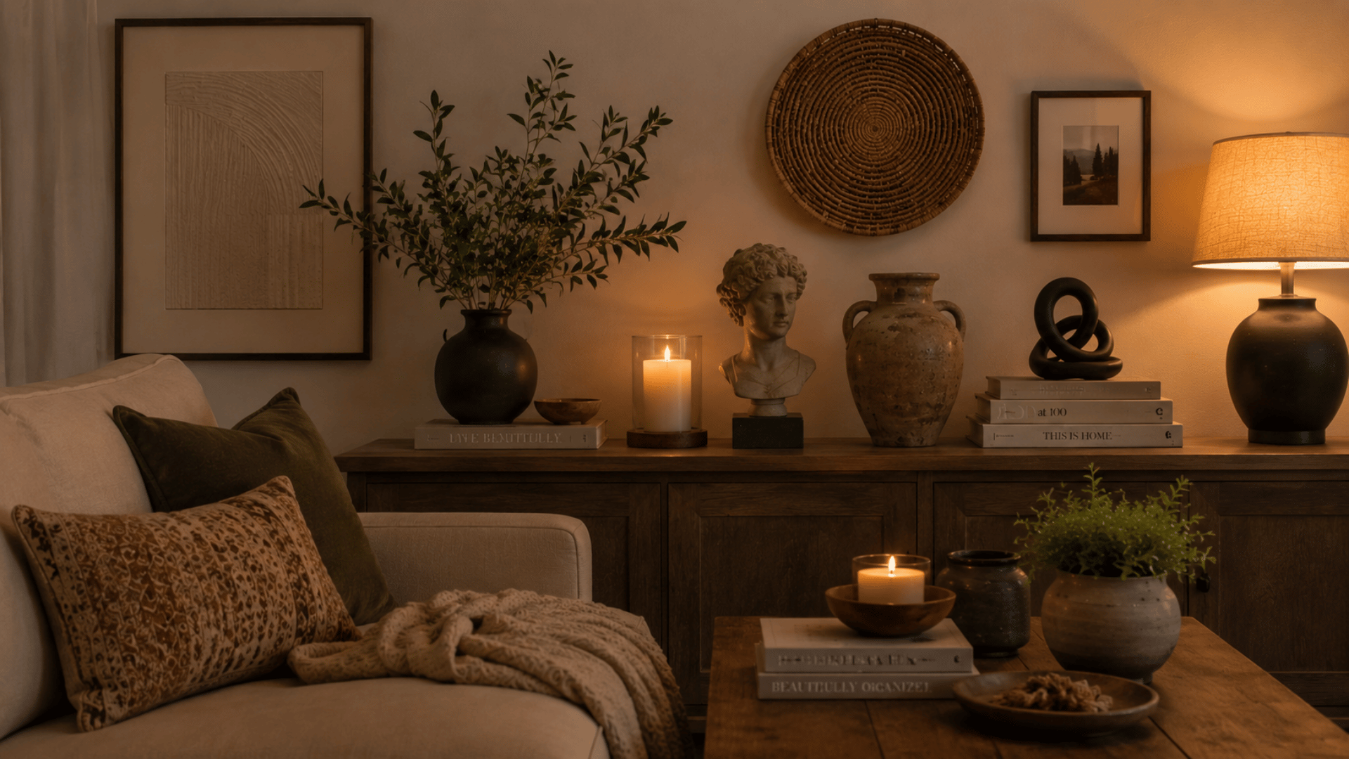 cozy living room with warm lighting wooden decor candles plants and neutral textured accents