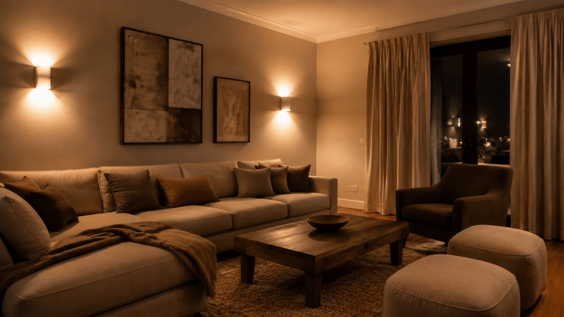 cozy living room with warm wall lights beige sectional armchair wooden coffee table and soft ambient lighting