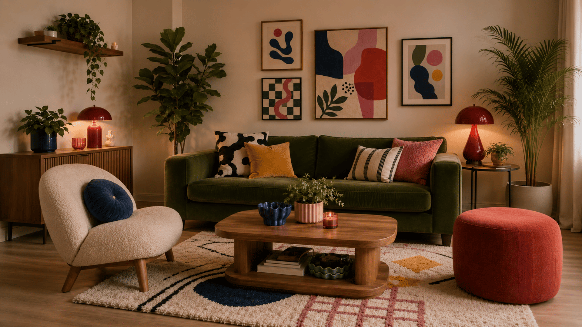 cozy mid century living room with green velvet sofa colorful art warm lighting and indoor plants