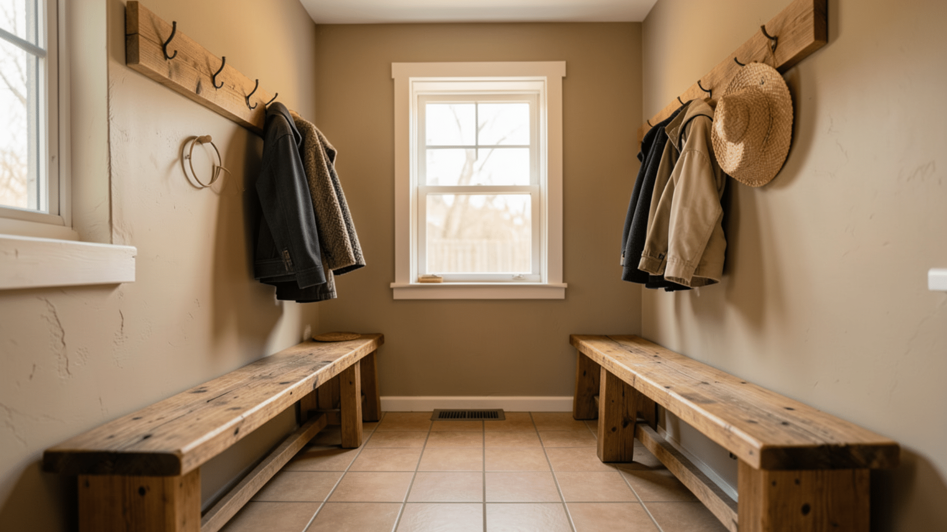cozy mudroom with wooden benches and hanging coats