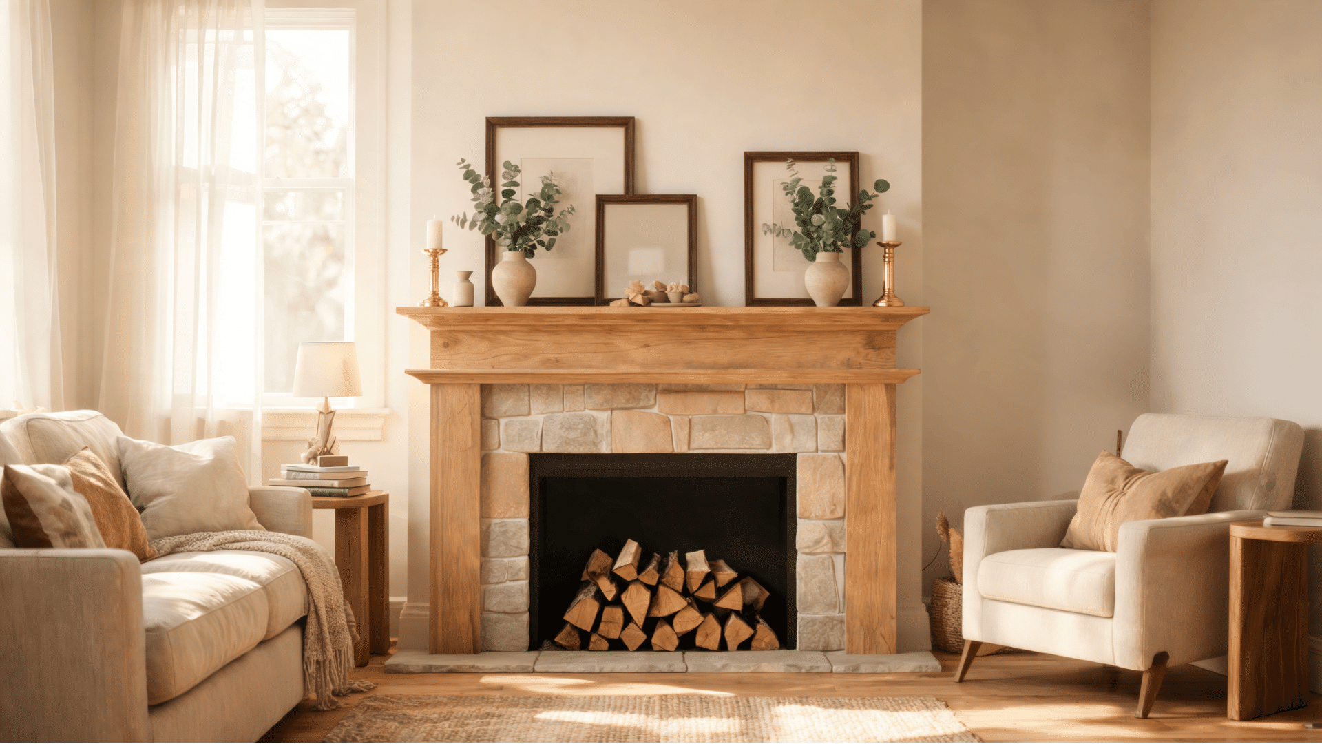 cozy neutral living room with stone fireplace wooden mantel soft seating and warm sunlight